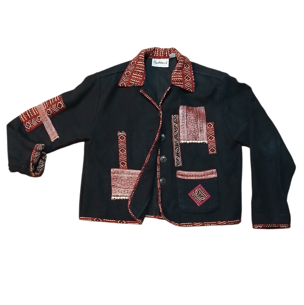 Vintage Flashback Women's Size Small Black Jacket with Red Patterned Accents